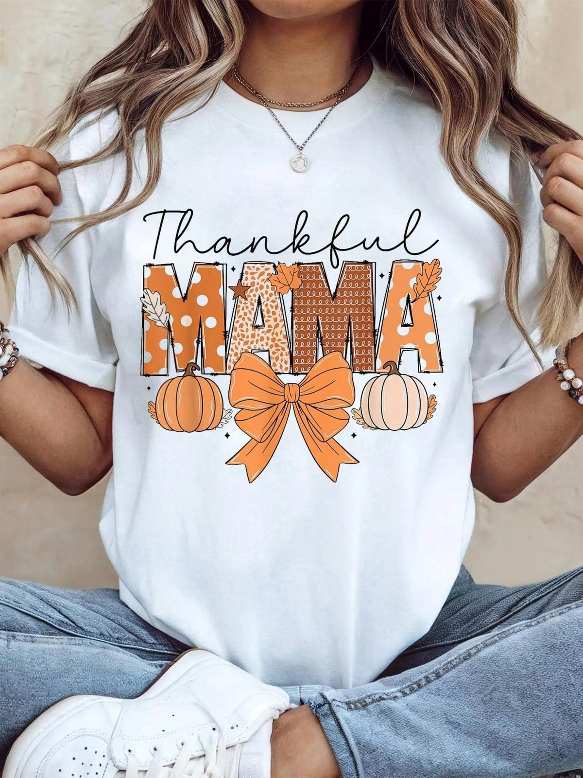 100% Cotton Thanksgiving Graphic Women T Shirt Thankful Mama Fall Pumpkin Spice Thanksgiving Women T-Shirt