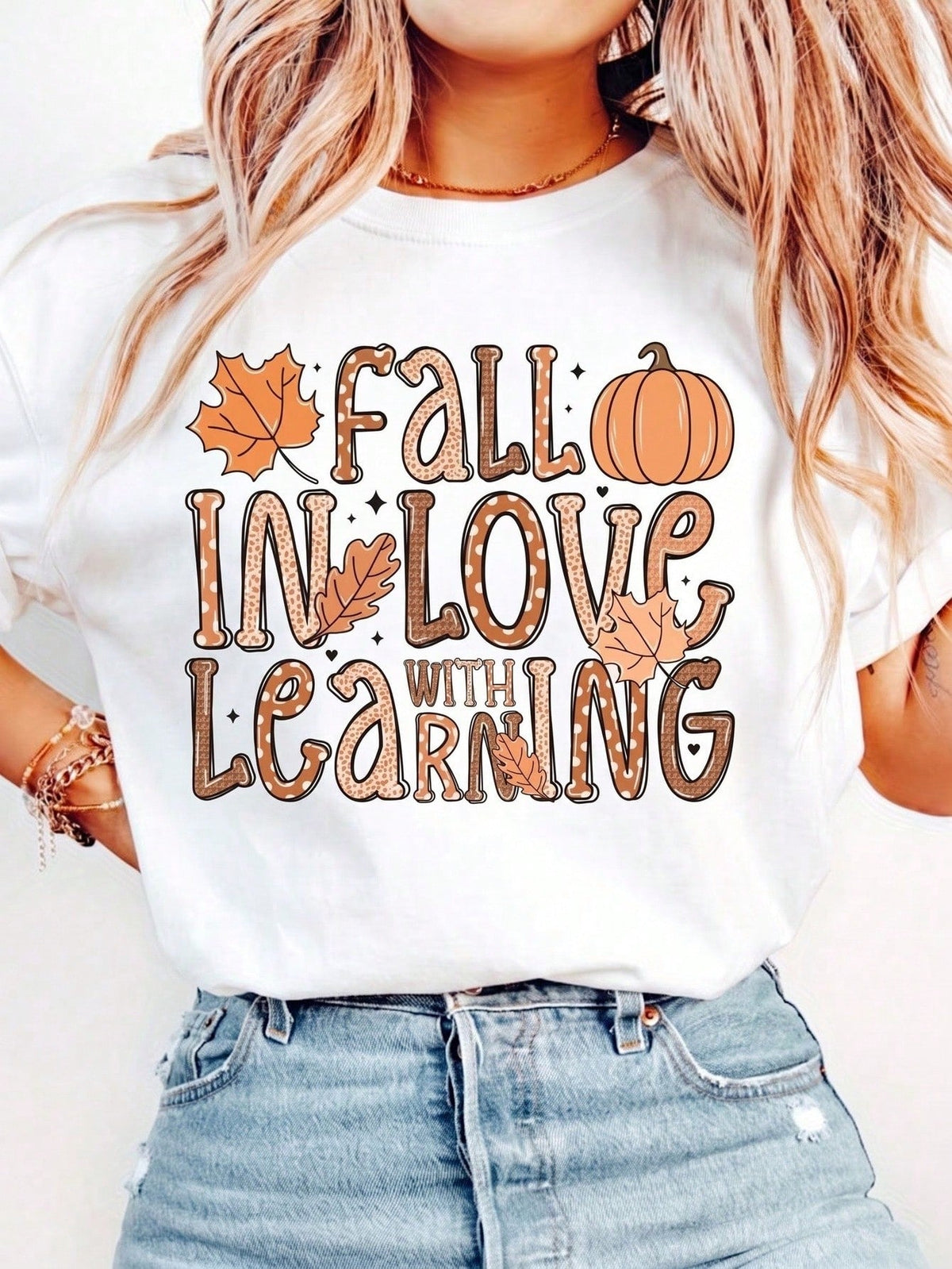Fall In Love With Learning T-Shirt, Fall Maple Leaf Pumpkin Graphic Tee, Teacher Autumn Casual Top, Thanksgiving Fall Season Gift