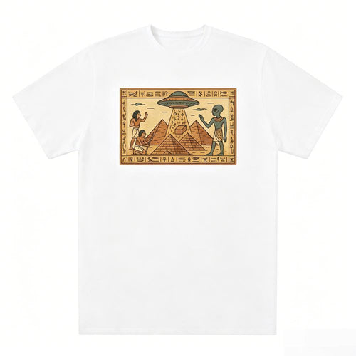 Women's Vintage Graphic Cotton T-Shirt with Ancient Alien UFO Pyramid Print, Casual Short Sleeve Top, Shortsleeve, Elegant, Style, Comfortable, Breathable, Crew Neck, Sports, Digital Print, Pull On, Striped, Women's Clothes, Casual Wear, Pure Cotton
