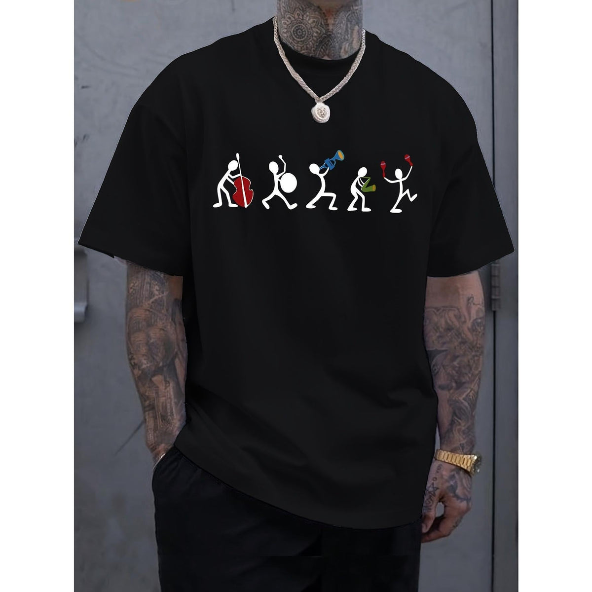 Men's Casual Tops, Retro Music Player Graphic Print Shortsleeve Round Neck T-Shirt for Daily Wear & Travel, Natural, Cotton, Sports, Multi-Size, Crew Neck, Elegant, Custom Prints, Non-Irritating, Stripes/Plaids, 2Xl, 3Xl
