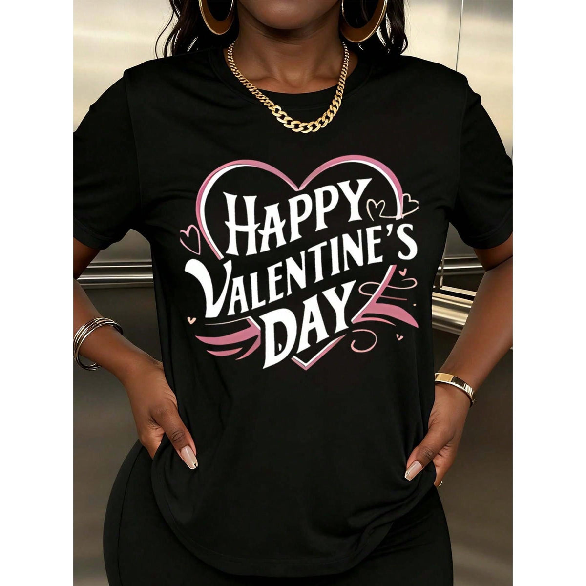 Women Happy Valentines Day Heart Print T-Shirt Fashion Casual Round Neck Short Sleeve For Valentine Day Celebration