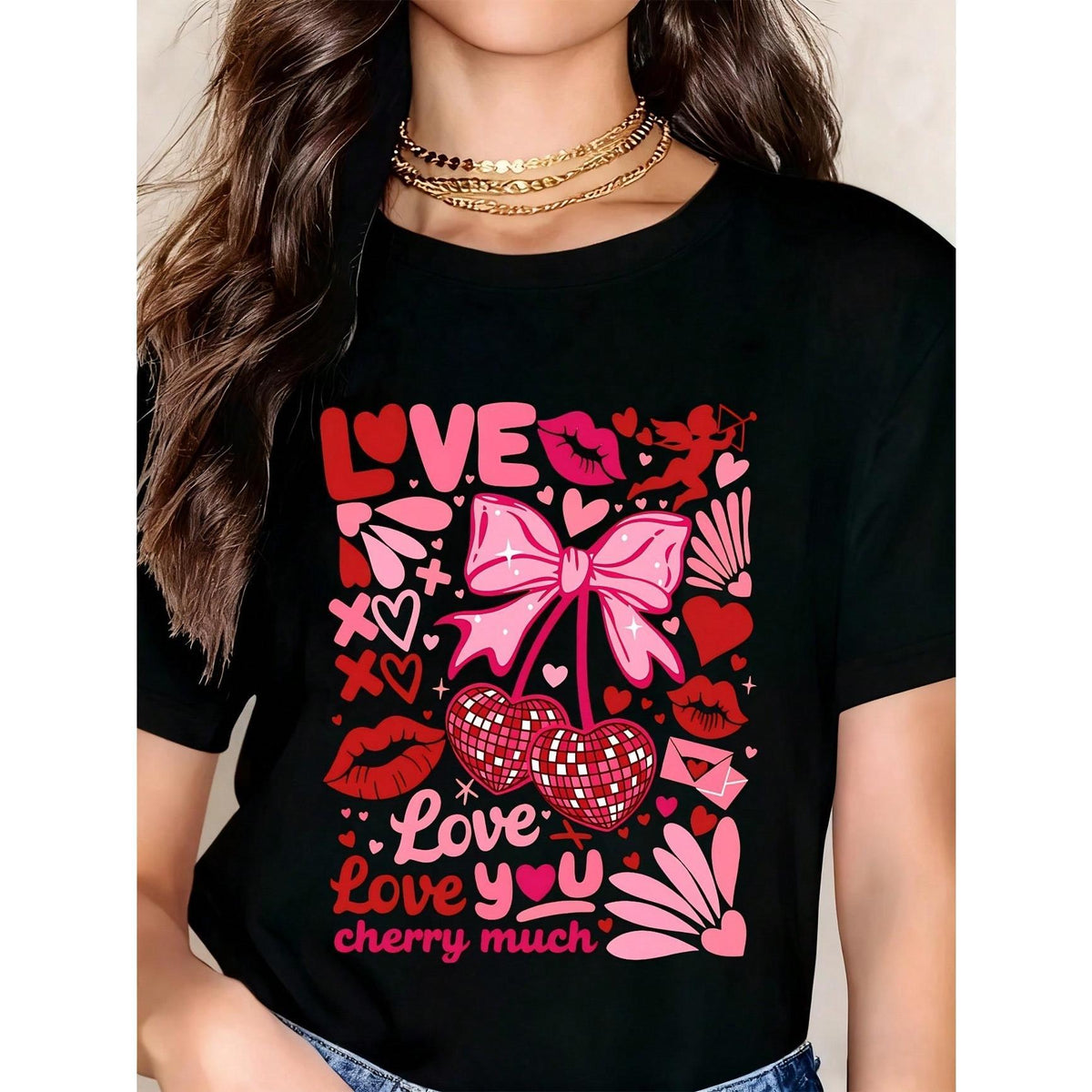 Cute Valentine T Shirt Love Cherry Much Heart Bow And Cupid Print For Women Romantic Outfit For Date Night Party And Casual Wear
