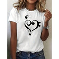Women's Oversized Heart Music Note Print Tee, Soft Breathable Round Neck, All-Season Casual Top, Machine Washable, Perfect Holiday Gift & Daily Wear