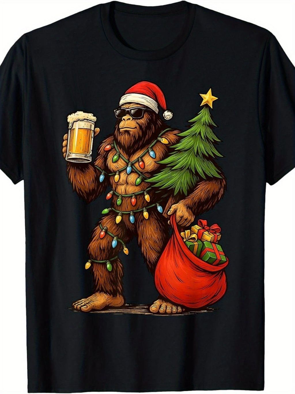 Men'S Funny Christmas T-Shirt with Sasquatch Santa Hat & Beer Mug Design Holiday Party Outfit Casual