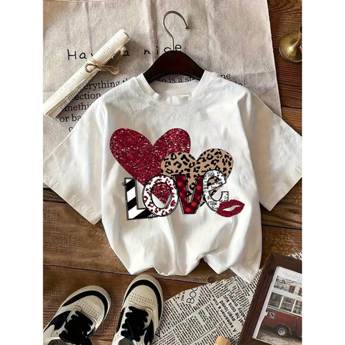 Women's Valentine's Day Heart Print T-Shirt  Short Sleeve Round Neck Casual Elegant Top with Heart & Love Symbol Design
