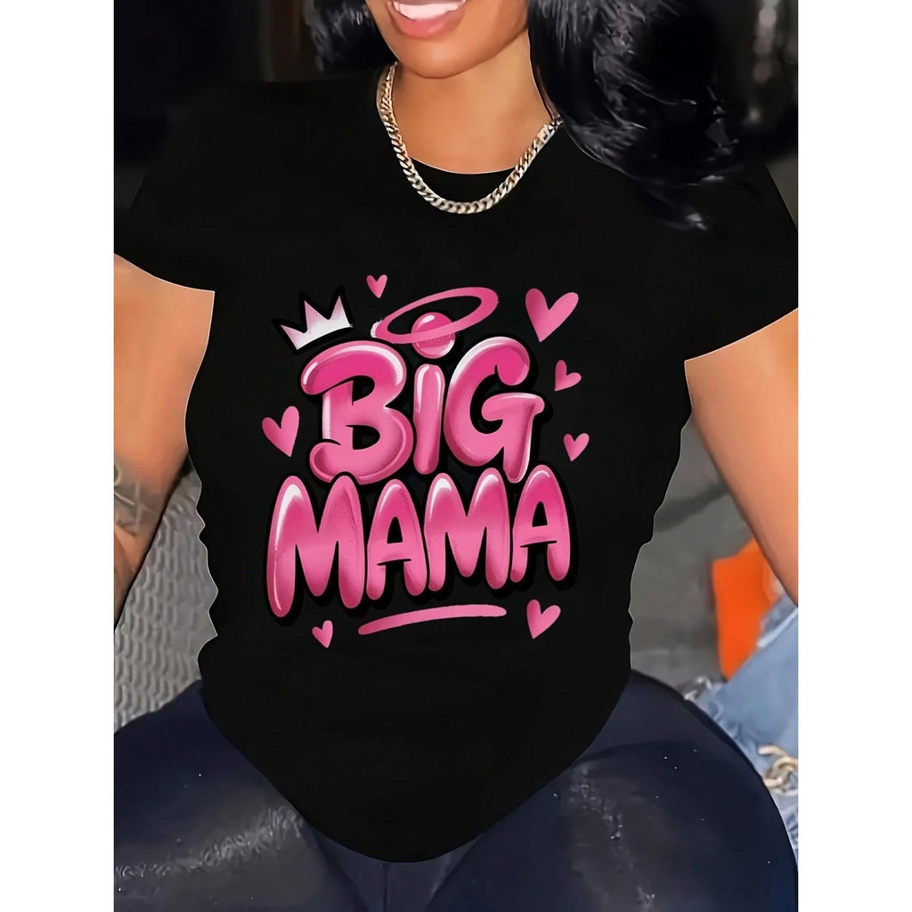 BIG MAMA’ Graffiti Crown T-Shirt, Plus Size Graphic Tee with Hearts, Statement Streetwear for Women
