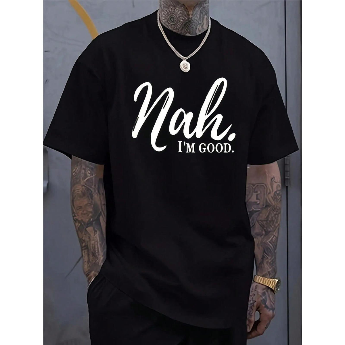 Men's Short-Sleeve Round Neck Graphic Tshirt - "Nah...I'm Good" Black Top with White Slogan Print, Lightweight Breathable Summer Urban Streetwear, Machine Washable Easy-Care Casual Menswear Apparel, Graphic T Shirts