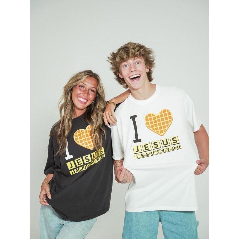 I Love Jesus Jesus Love You Waffle Shirt, Bryce Crawford Merch, Christian Apparel Graphic Tee, Funny Christian Breakfast T-shirt, Unisex Casual 100% Cotton  Inspirational Quote TShirt, TikTok Viral Unisex Comfort Colors rock