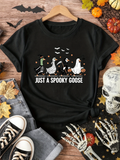 Women's Crew Neck Graphic T-Shirt, Just A Spooky Goose Halloween Funny Goose Short Sleeve Casual Tee