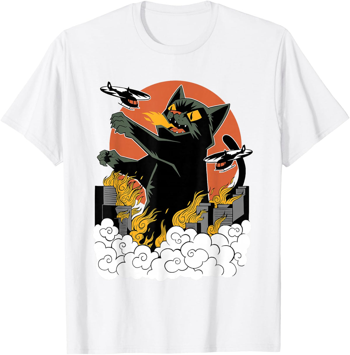 Black Japanese Catzilla Sunset T-Shirt, Classic Fit Crew Neck Tee, Cat Monster City Attack Graphic Shirt, Casual Cotton Blend Top