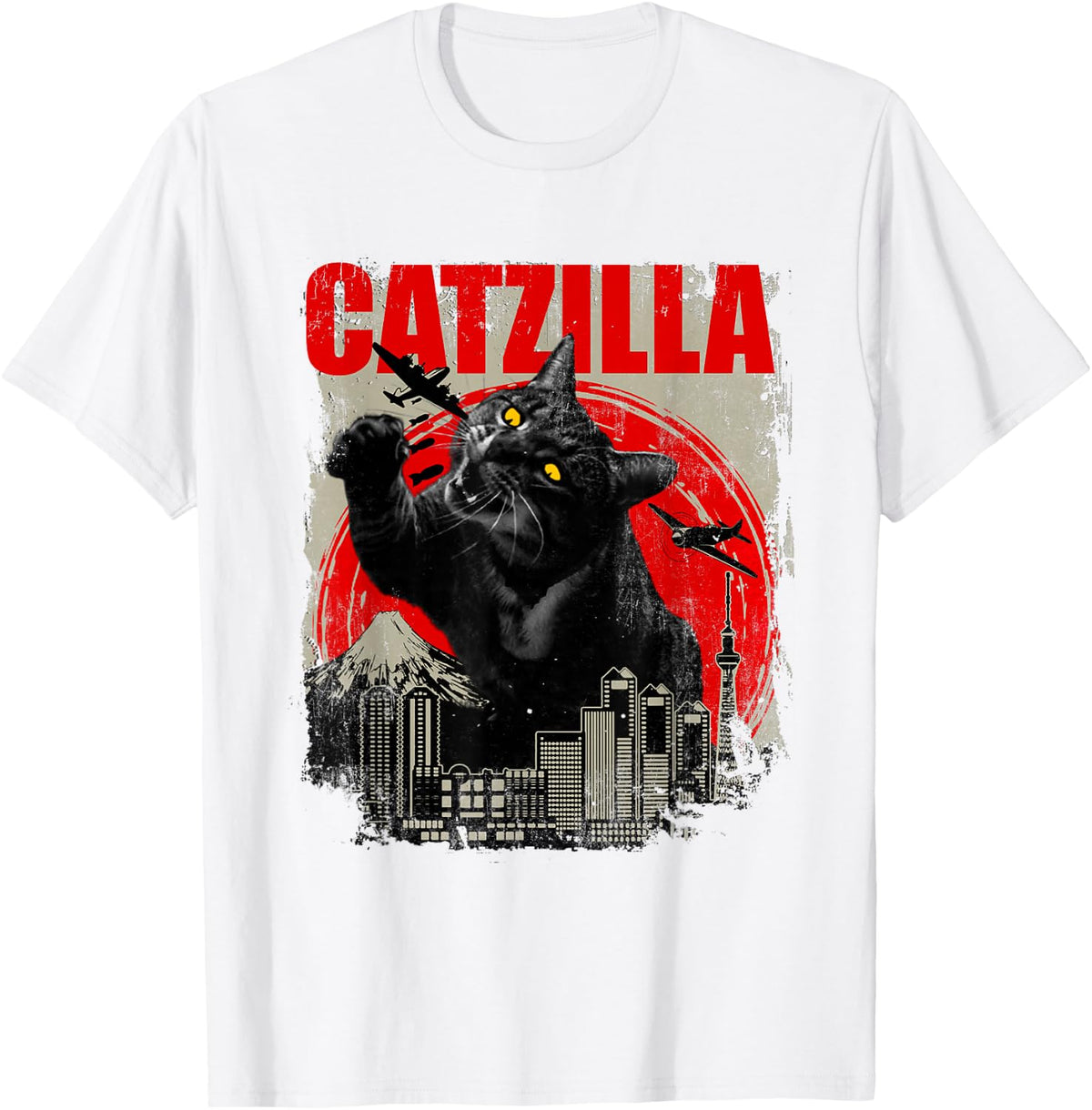 Catzilla Funny Cat Lover T-Shirt, Giant Black Cat City Attack Graphic Tee, Kitten Kitty Humorous Short Sleeve Top, Casual Animal Lover Gift Shirt