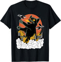 Black Japanese Catzilla Sunset T-Shirt, Classic Fit Crew Neck Tee, Cat Monster City Attack Graphic Shirt, Casual Cotton Blend Top
