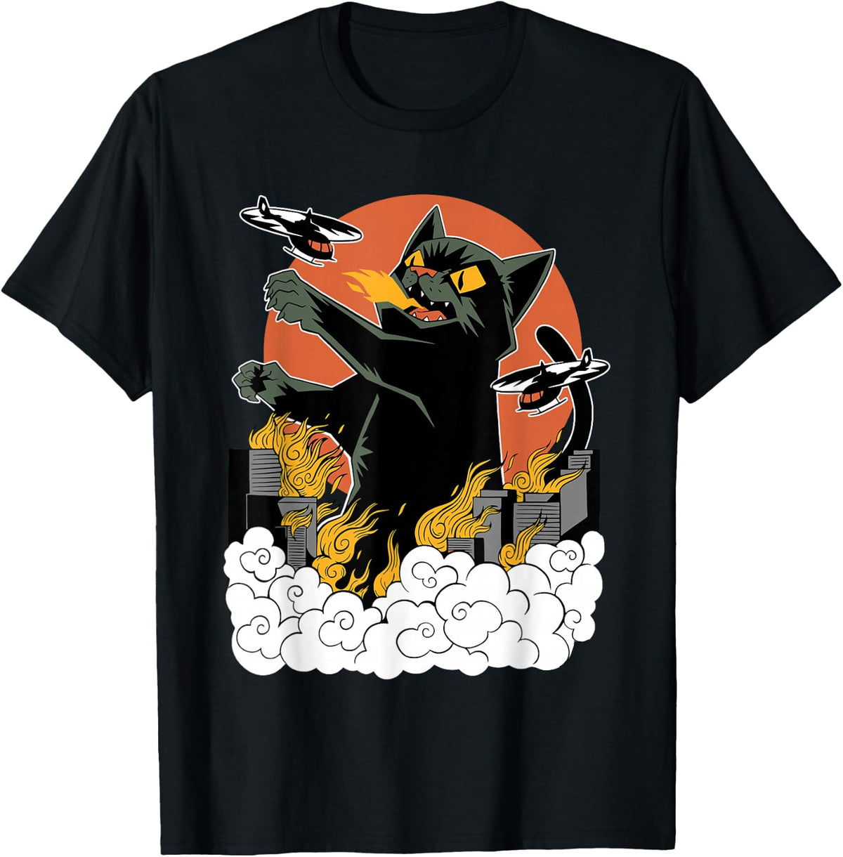 Black Japanese Catzilla Sunset T-Shirt, Classic Fit Crew Neck Tee, Cat Monster City Attack Graphic Shirt, Casual Cotton Blend Top