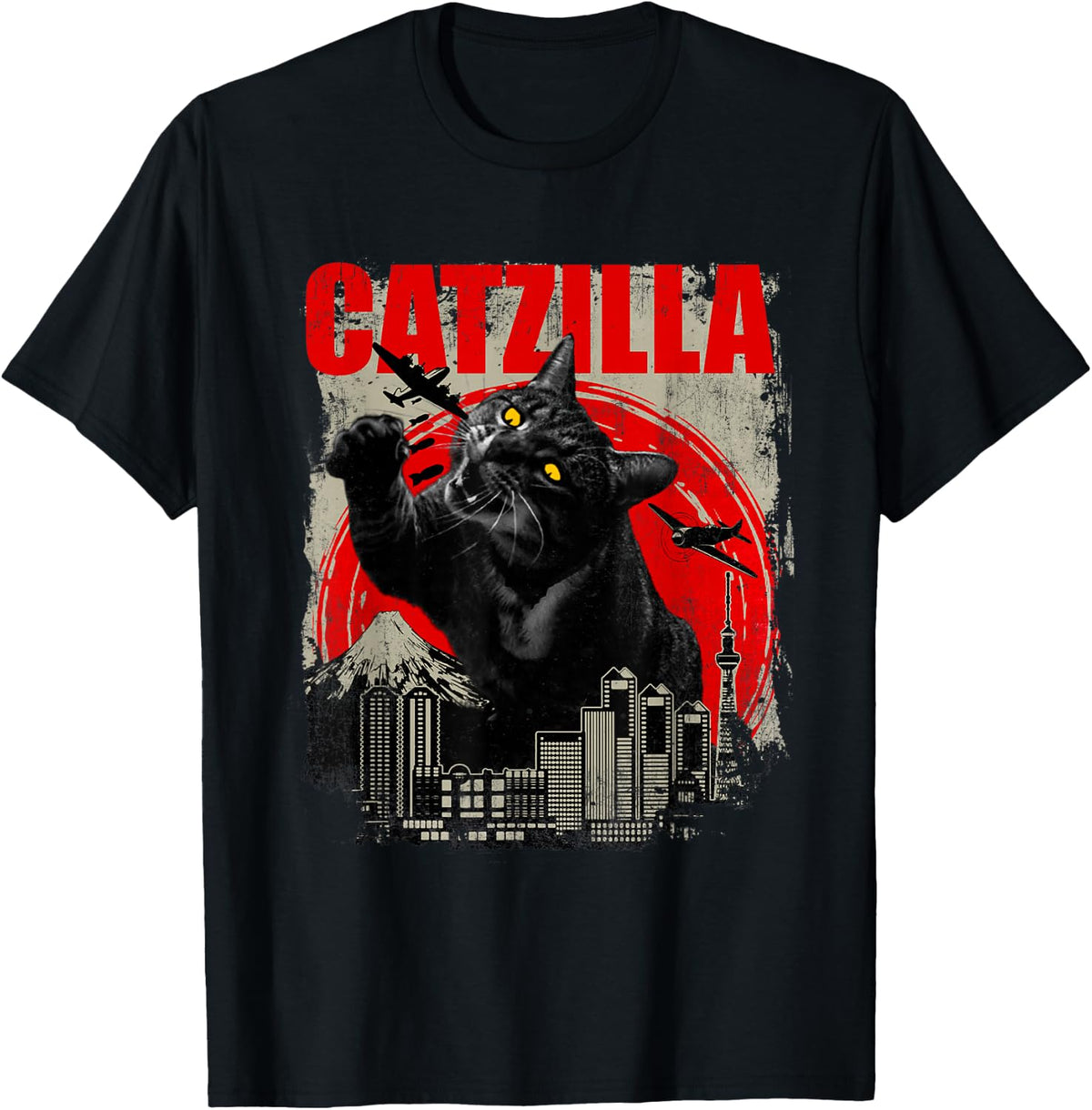 Catzilla Funny Cat Lover T-Shirt, Giant Black Cat City Attack Graphic Tee, Kitten Kitty Humorous Short Sleeve Top, Casual Animal Lover Gift Shirt