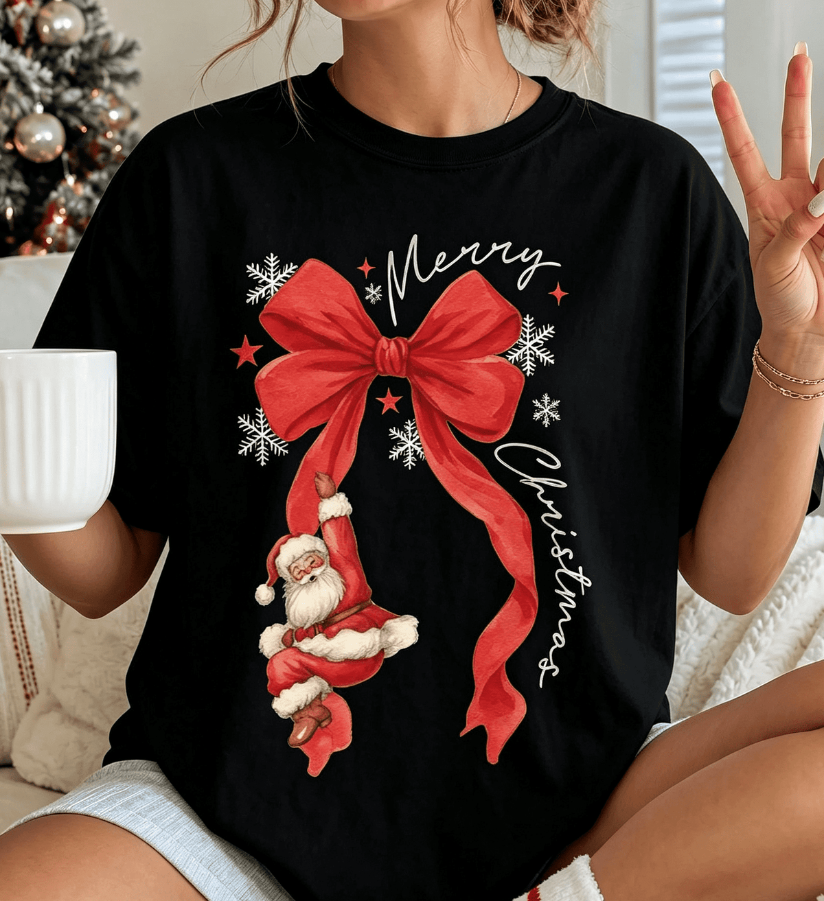 Christmas Santa T-shirt, Bow Christmas Shirt, Merry Santa Claus Women Tshirts Casual Short Sleeve，Christmas Gift Shirt