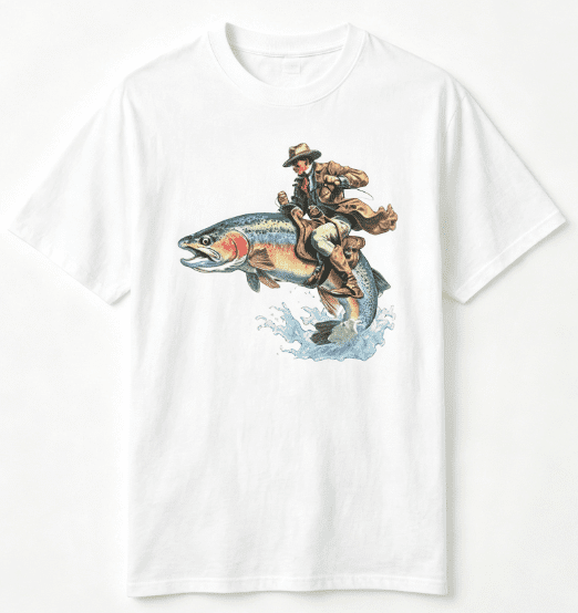Cowboy Riding Rainbow Trout T-Shirt, Funny Fishing Graphic Tee, Rodeo Cowboy Outdoor Shirt, Fly Fishing Gift for Men, Rainbow Trout Club Top