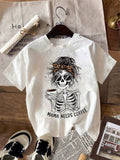 Halloween Mama Needs Coffee T Shirt for Women Leopard Bow Skeleton Graphic Short Sleeve Tee