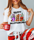 Happy Hallothanksmas T-Shirt, Halloween Thanksgiving Christmas Holiday Season Shirt, Funny Fall Graphic Tee, Autumn Coffee Gift Top