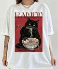Ramen T-Shirt, Japanese Black Cat Shirt, Cute Noodle Graphic Tee, Funny Cat Lover Gift, Retro Japan Style Top for Women Men