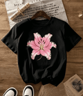 Women Pink Lily Floral Graphic T-Shirt, Short Sleeve Crew Neck Regular Fit Casual Top, Soft Breathable Flower Tee