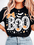 Women's Boo Halloween Graphic T-Shirt Lace Letter Bow Bat Pumpkin Candy Corn Casual Fall Tee