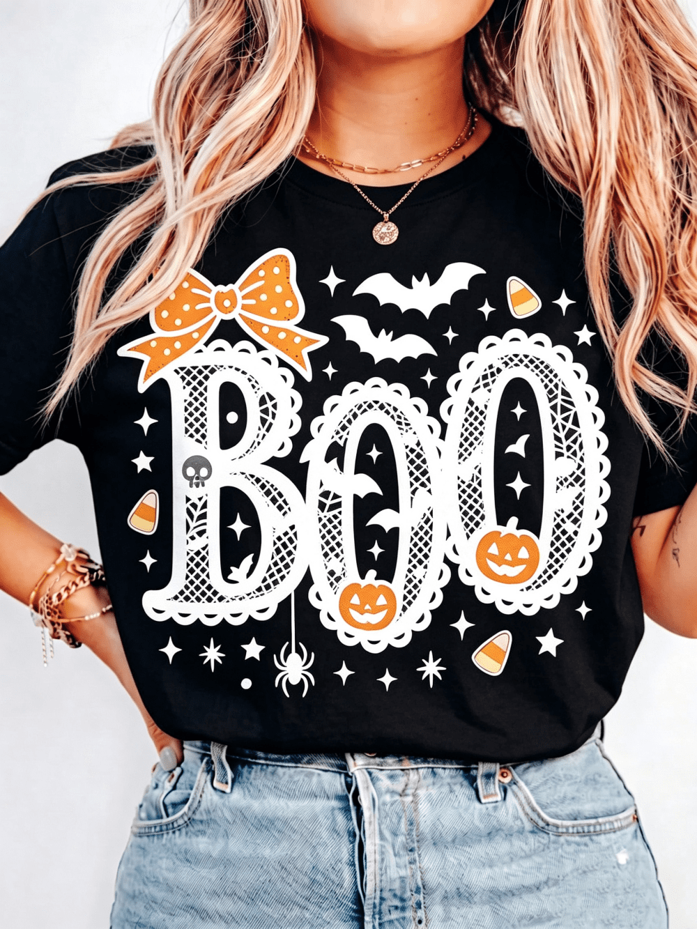 Women's Boo Halloween Graphic T-Shirt Lace Letter Bow Bat Pumpkin Candy Corn Casual Fall Tee