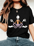 Women's Cartoon Yoga Girl Graphic T-Shirt Funny Meditation Character Casual Summer Tee