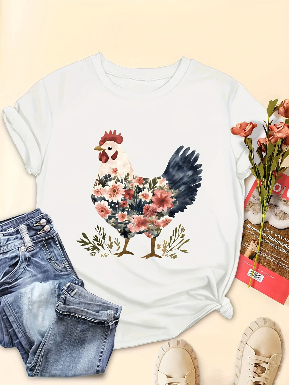 Women's Floral Chicken Graphic T-Shirt Watercolor Wildflower Hen Farm Animal Casual Summer Tee