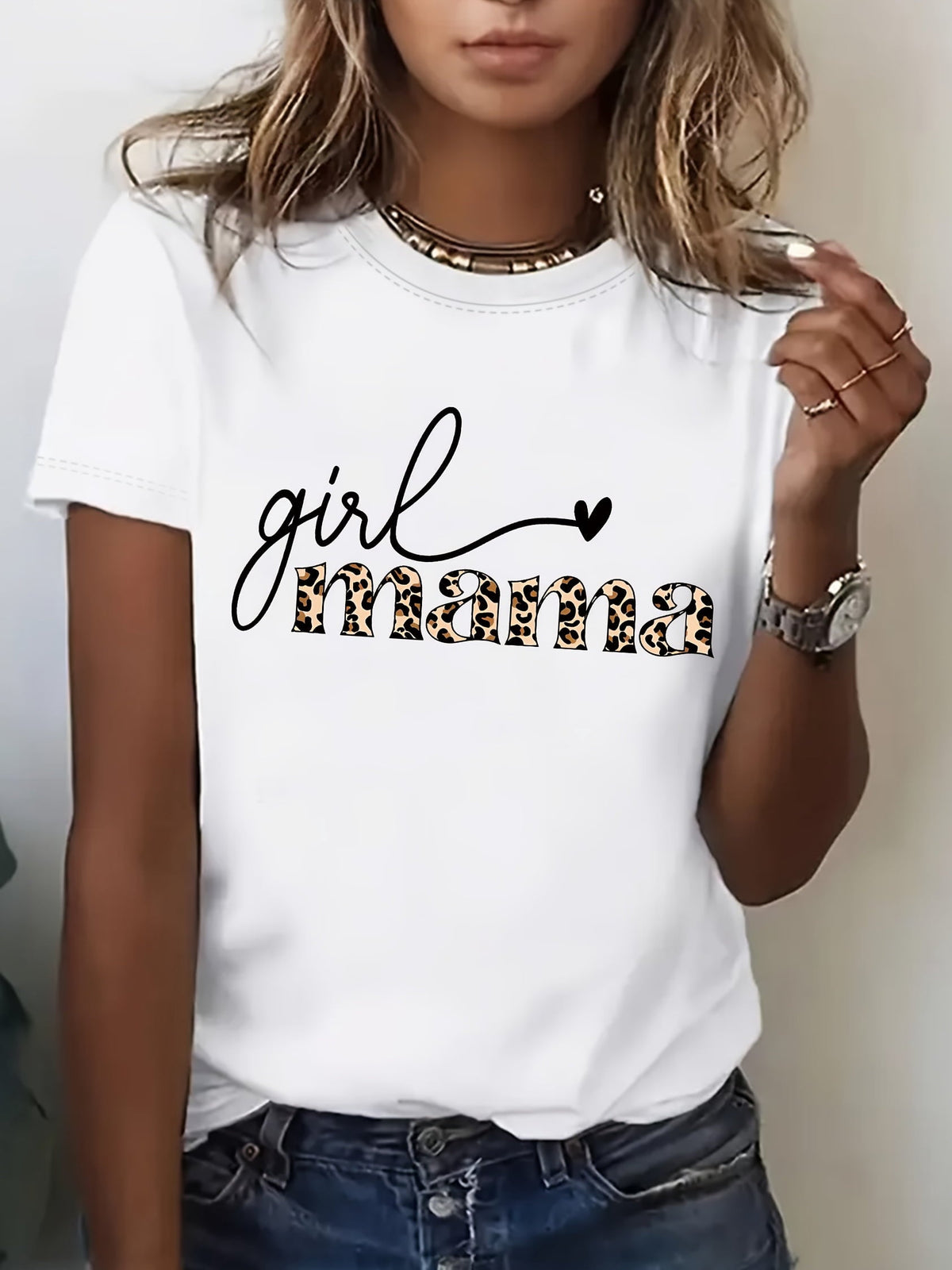 Women's Girl Mama Leopard Print Graphic T-Shirt Short Sleeve Casual Mom Tee
