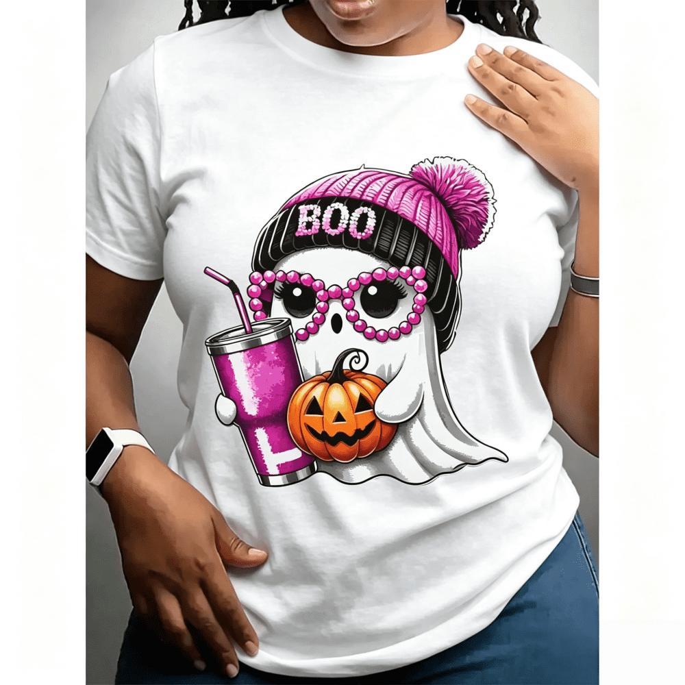 Women's Halloween Boo Ghost Graphic T-Shirt, Cute Pink Ghost With Beanie Tumbler Pumpkin Short Sleeve Casual Tee