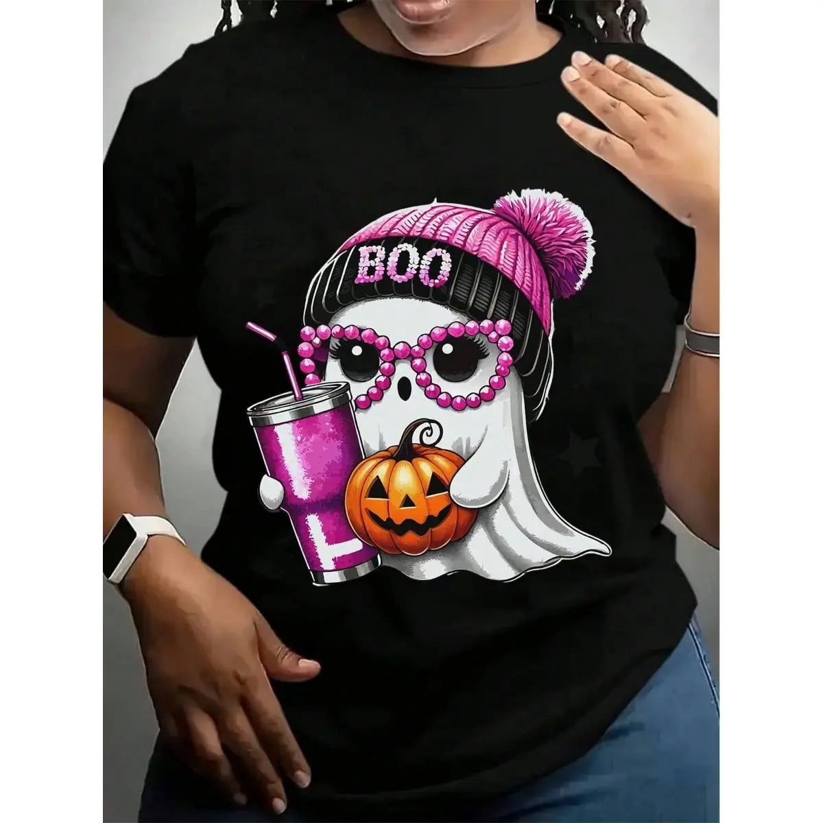 Women's Halloween Boo Ghost Graphic T-Shirt, Cute Pink Ghost With Beanie Tumbler Pumpkin Short Sleeve Casual Tee