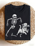 Women's Halloween Skeleton Running With Dog T-Shirt Funny Dog Bone Graphic Casual Fall Tee