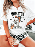 Women's Momster Halloween T-Shirt Skeleton Mom Drinking Coffee Bat Graphic Casual Fall Tee