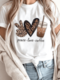Women's Peace Love Coffee Leopard Peace Hand Heart Graphic T-Shirt Short Sleeve Casual Tee
