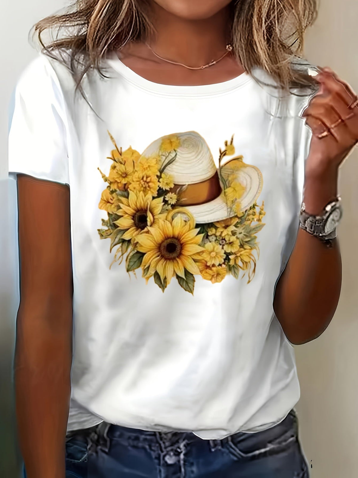 Women's Sunflower Cowboy Hat T-Shirt Wildflower Country Western Graphic Casual Summer Tee