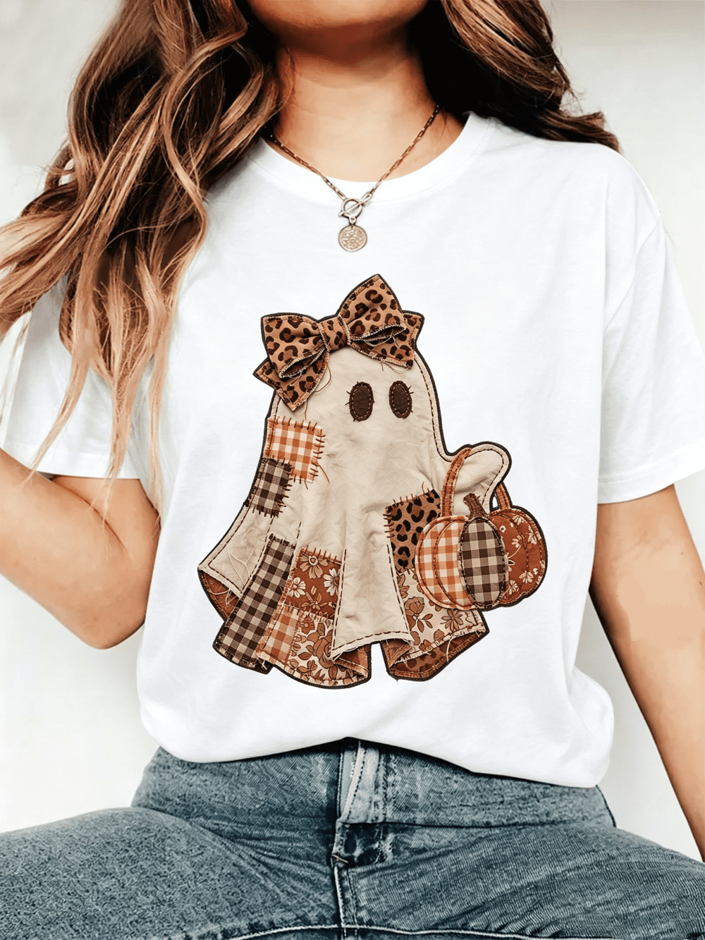 Women's Vintage Patchwork Ghost Graphic T-Shirt Leopard Bow Pumpkin Halloween Casual Tee