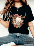 Women's Western Cow Skull Floral Butterfly Graphic T-Shirt Short Sleeve Casual Boho Tee
