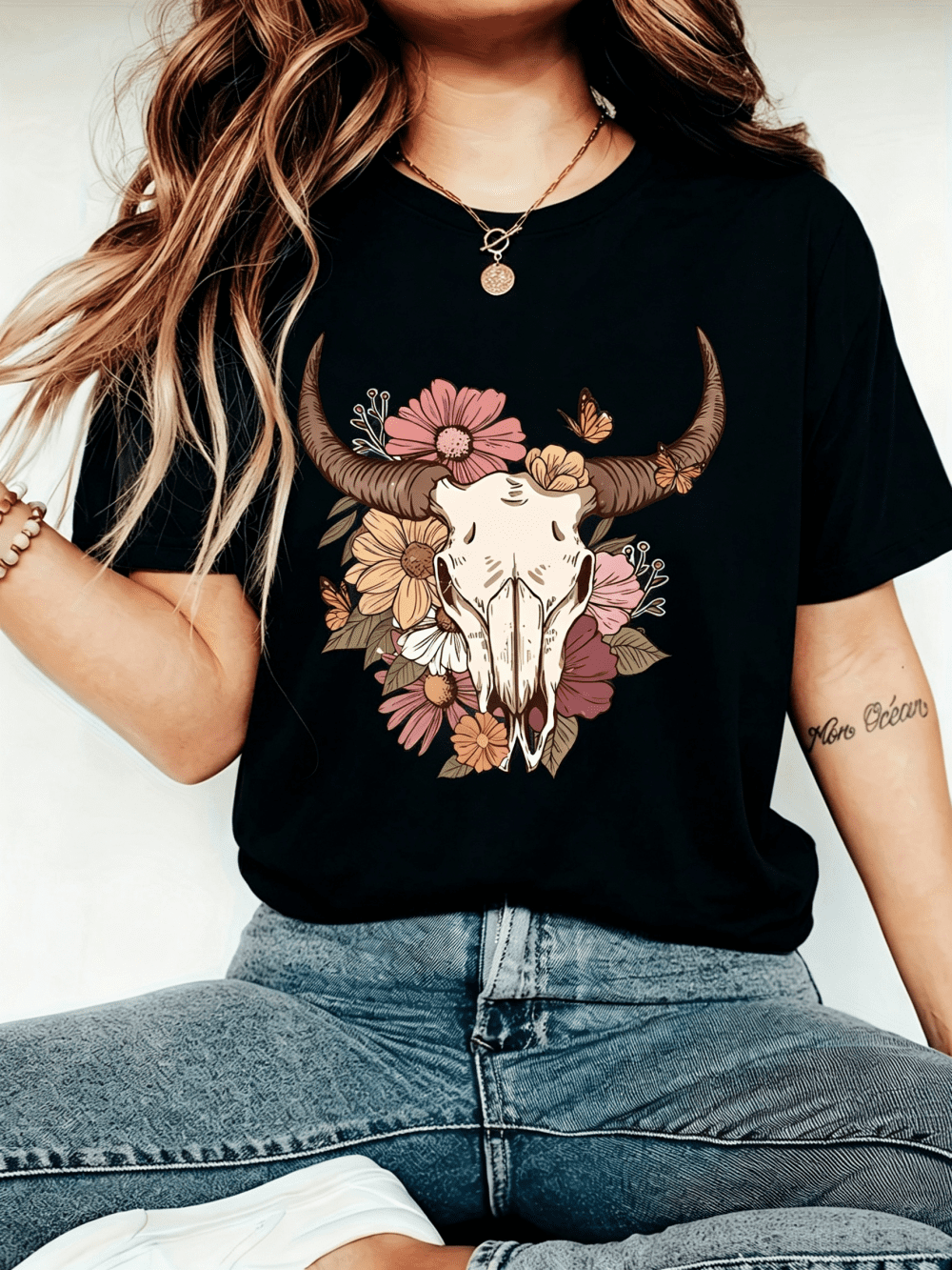 Women's Western Cow Skull Floral Butterfly Graphic T-Shirt Short Sleeve Casual Boho Tee