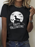 Women's Crew Neck Graphic T-Shirt, Happy Halloweenie Dachshund Full Moon Bats Halloween Short Sleeve Casual Tee