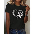 Women's Casual Short Sleeve T-Shirt With Dog Paw And Heart Print, Round Neck Top Graphic Tees Women Tops