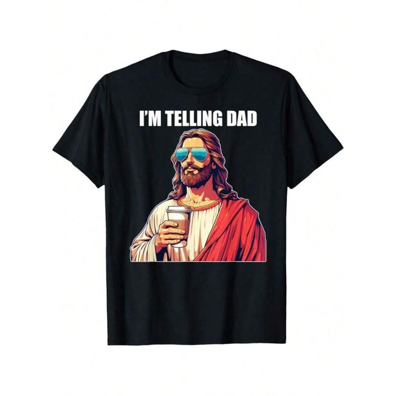 I'm Telling Dad Shirt Funny Religious Christian Jesus Meme T-Shirt Oversized Short Sleeve Classic Heavy Cotton T Shirt Printed Graphic Tee Women's Casual Short-Sleeved Top -Versatile Basic T-Shirts Fit Womenswear Cute Black Summer Streetwear Shortsleeve