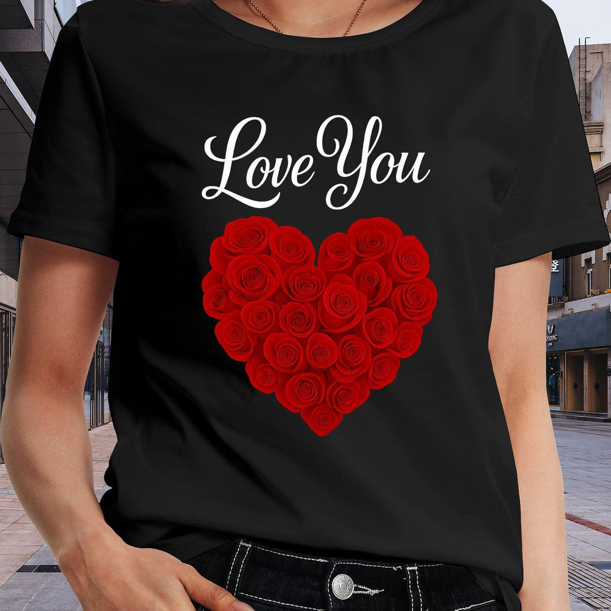 Women'S Love You Rose Heart Print T-Shirt - Soft Breathable Medium-Stretch Fabric, Red Rose & Love Lettering Design, Casual Round Neck Short Sleeve Top, Machine Washable, Spring Summer Fall Casual Attire, Valentine'S Day Outfits, Multiple Colors