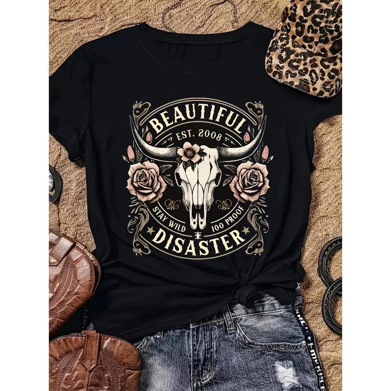 [100% Cotton] Women'S Western Cowboy Graphic T-Shirt - Black Short Sleeve Crew Neck Top With Bull Skull & Floral Design, "" Vintage 2008 Text, Casual Spring/Summer Tee For Outdoor & Casual Attire T-Shirt For Men And Women.