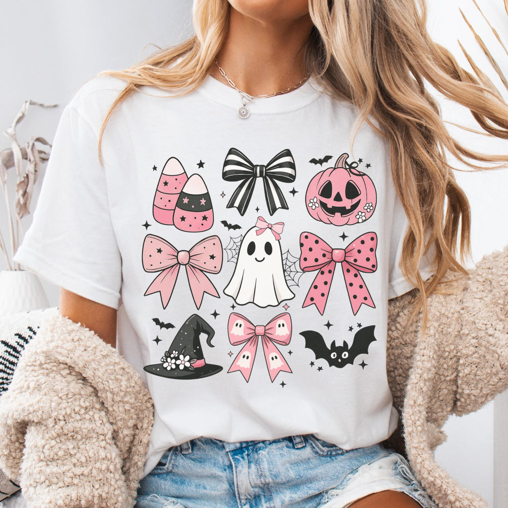 Pink Girly Bows Halloween T-Shirt, Cute Ghost Pumpkin Bat Graphic Tee, Fall Halloween Spooky Shirt, Women's Casual Top