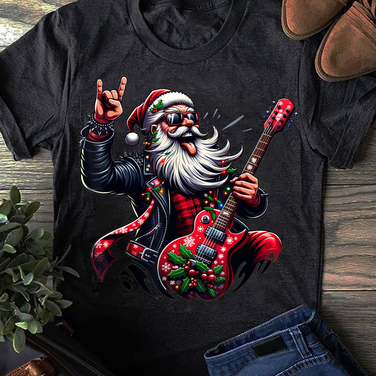 Santa Claus Guitar Player Rock & Roll Christmas T-Shirt, Funny Guitar Shirt for Men, Cool Music T-Shirt,Rock and Roll Xmas Tee