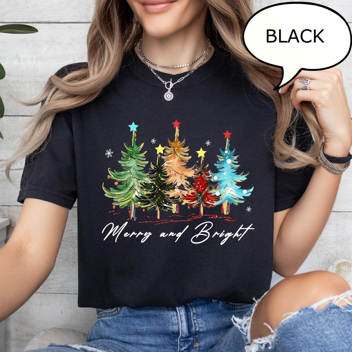 Merry And Bright Christmas Tree Tee,Watercolor Christmas Tree Shirt, Merry Christmas Party Tee, Holiday Gift for Women