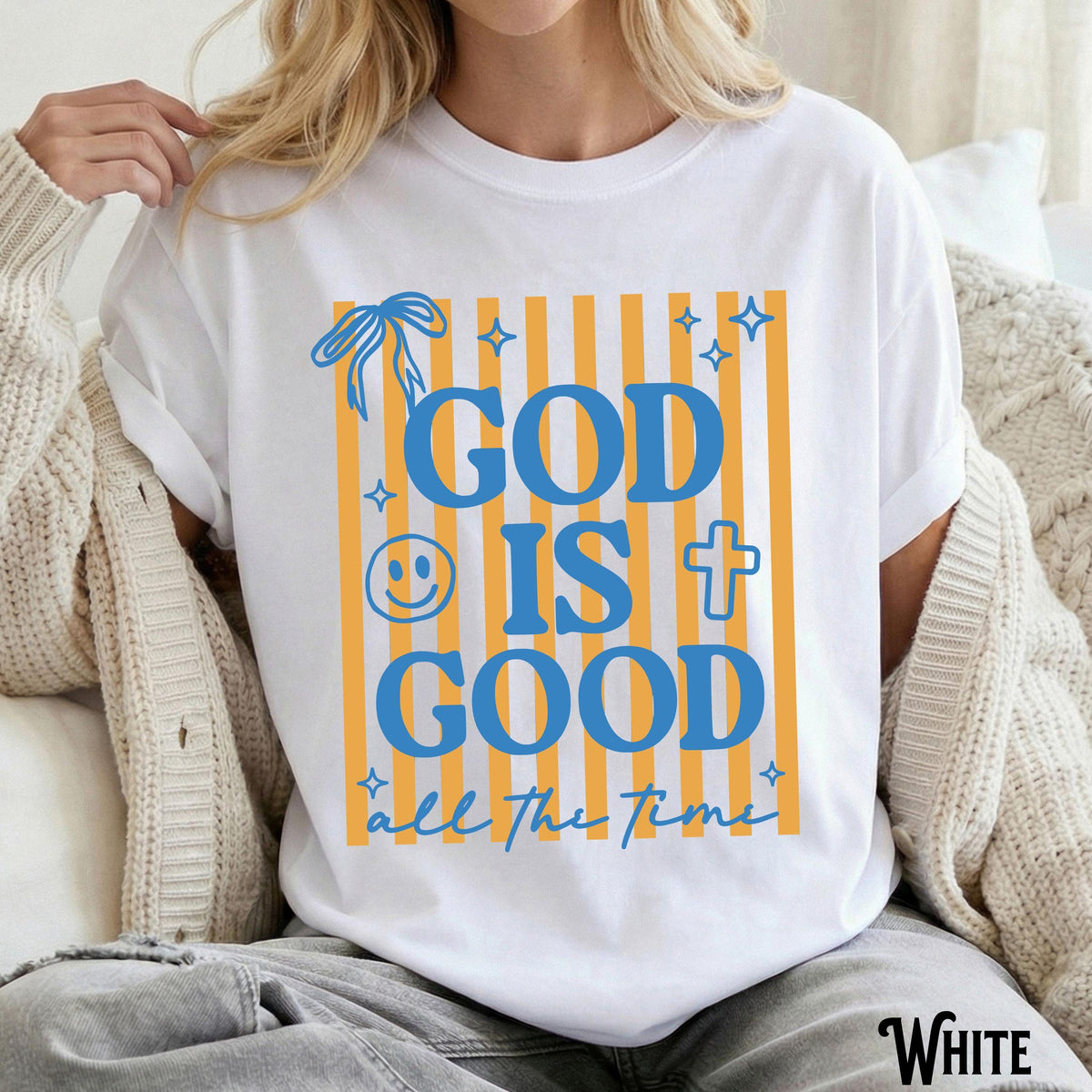 God Is Good All The Time Christian T-Shirt, Religious Faith Tee, Coquette Stripe Graphic Top, Happy Face Cross Bow Design, Gift for Women Men