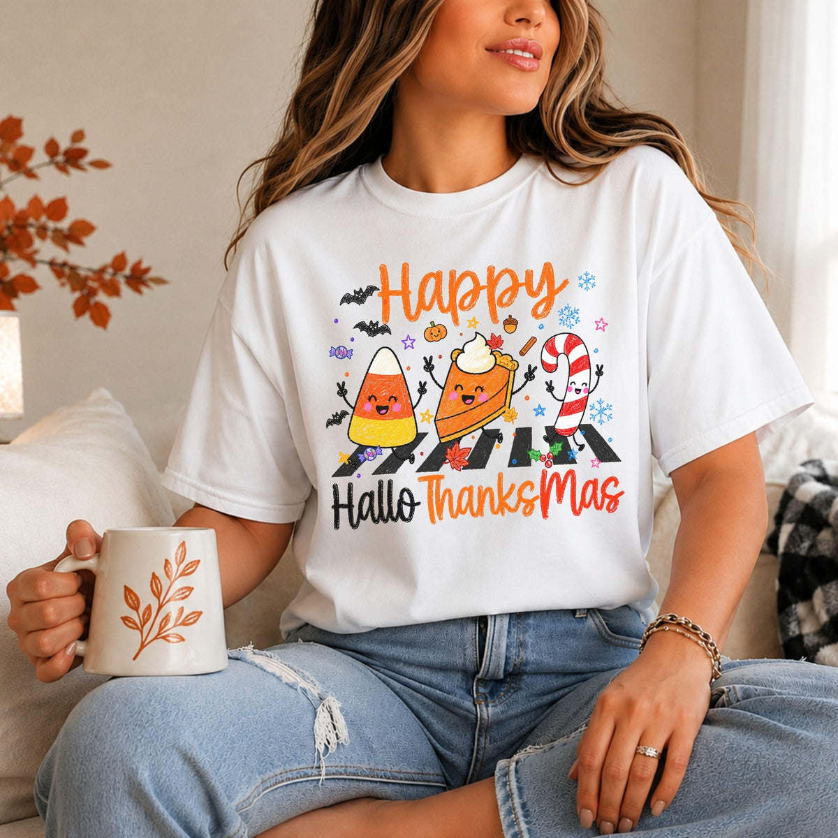 Happy Hallothanksmas T-Shirt, Halloween Thanksgiving Christmas Holiday Apparel, Fall Season Crewneck, Cute Candy Corn Pumpkin Pie Top